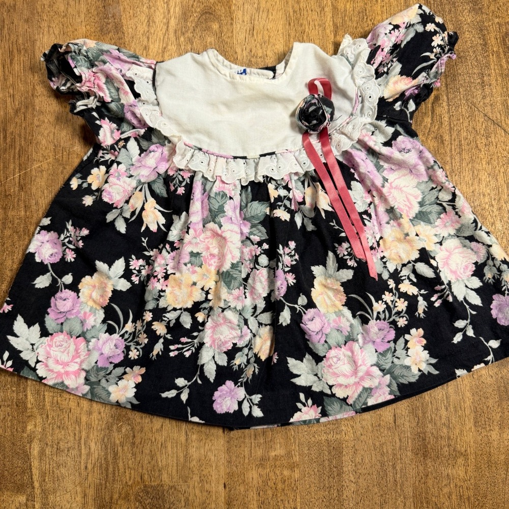 Vintage Nannette Girls Floral Dress Black Pink Lace Rose Accent 90s Cottagecore